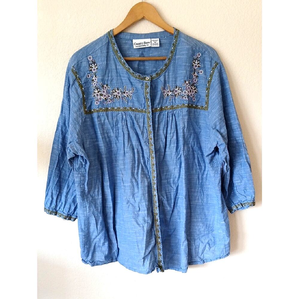 Country Store Cotton Floral Embroidered Button Up Tunic